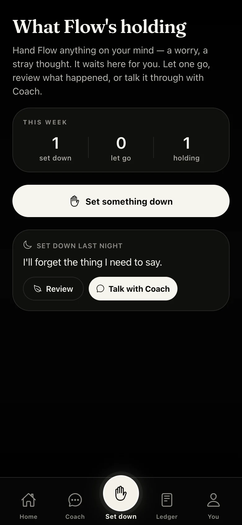 Flow Held on an iPhone, with a worry waiting until you return