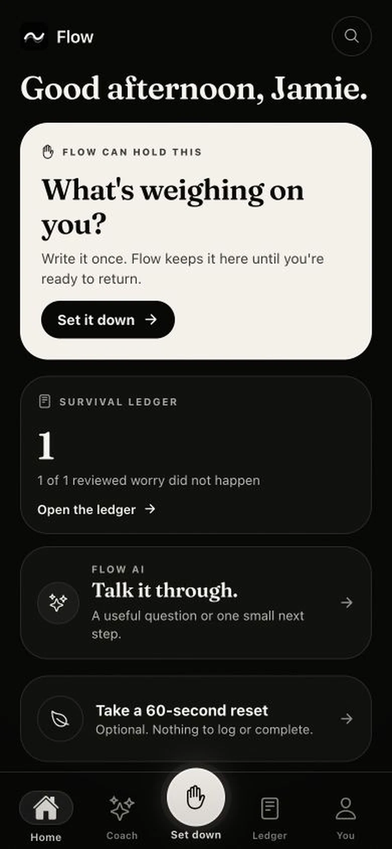 Flow Home on a phone, with Set it down, Flow AI, and the Survival Ledger