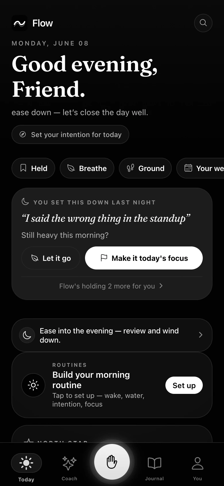 The Flow app — a calm, black-and-white home screen for setting down what's on your mind
